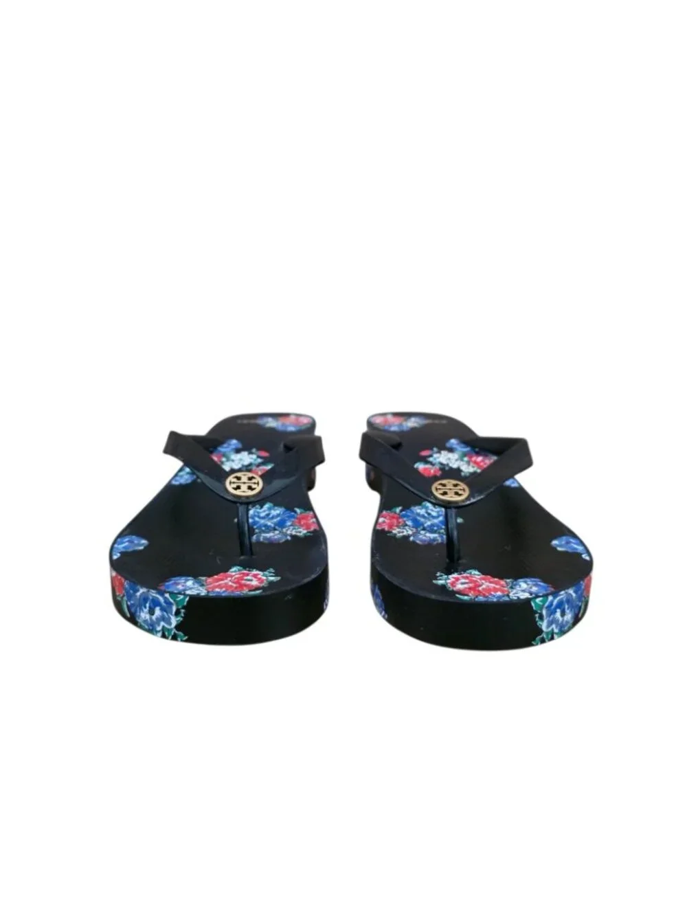 Tory Burch Black Tea Rose Cut Out Wedge Flip Flop Sandals Black 9